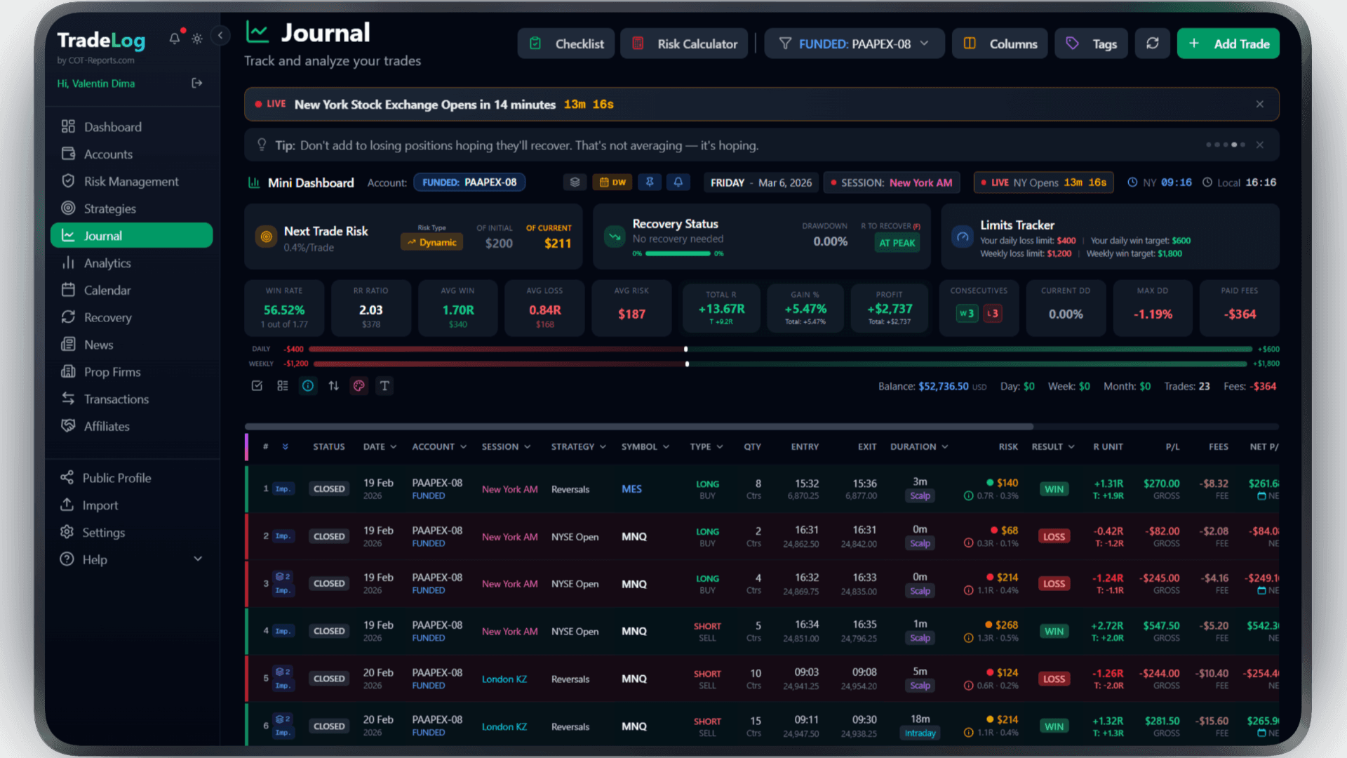 DXtrade Trading Journal Dashboard - Track and analyze your trades