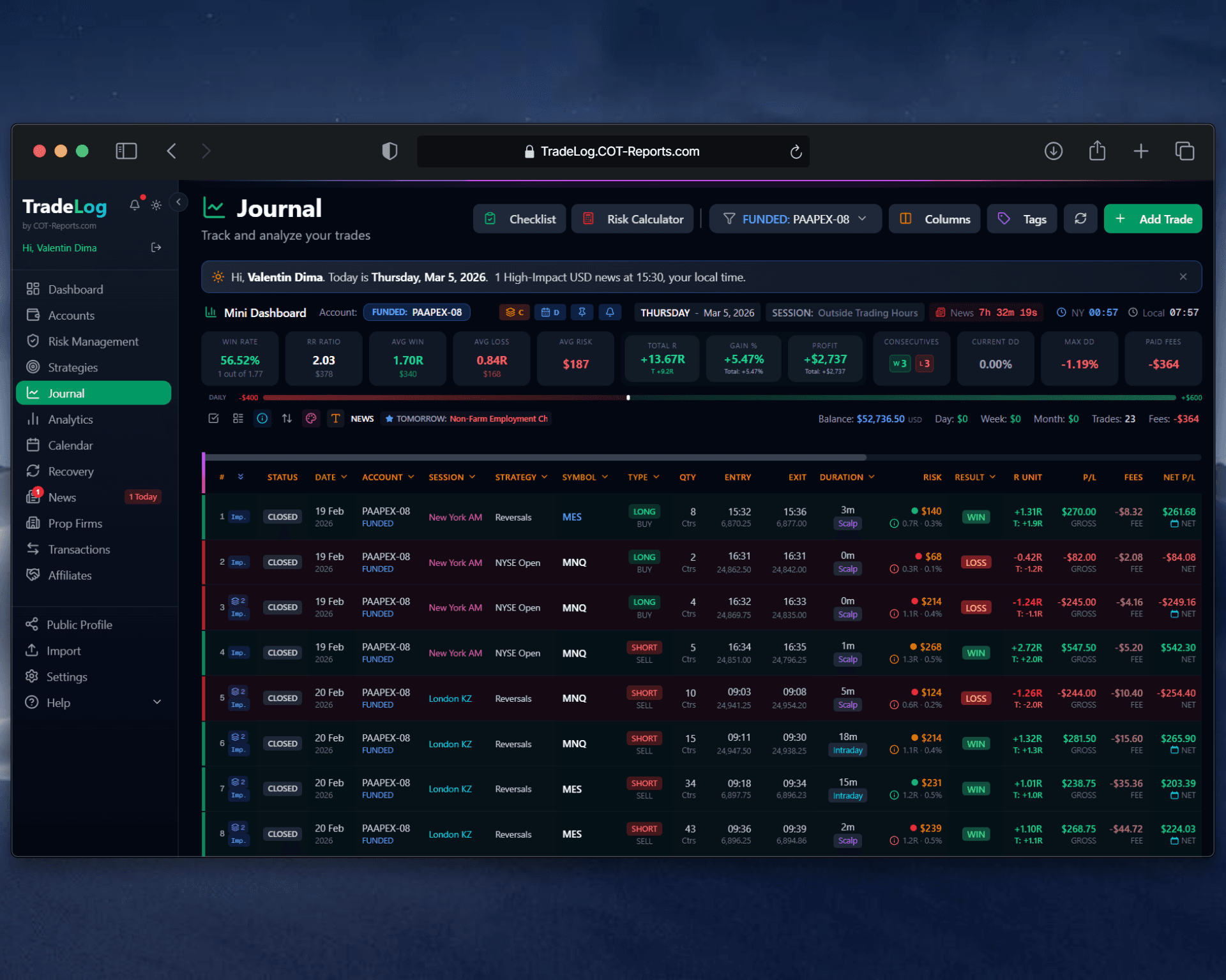 TradeLog-Journal — eine tabellenartige Trade-Tabelle mit automatisch berechneten Spalten für Gewinn/Verlust, R-Multiple und Ergebnis