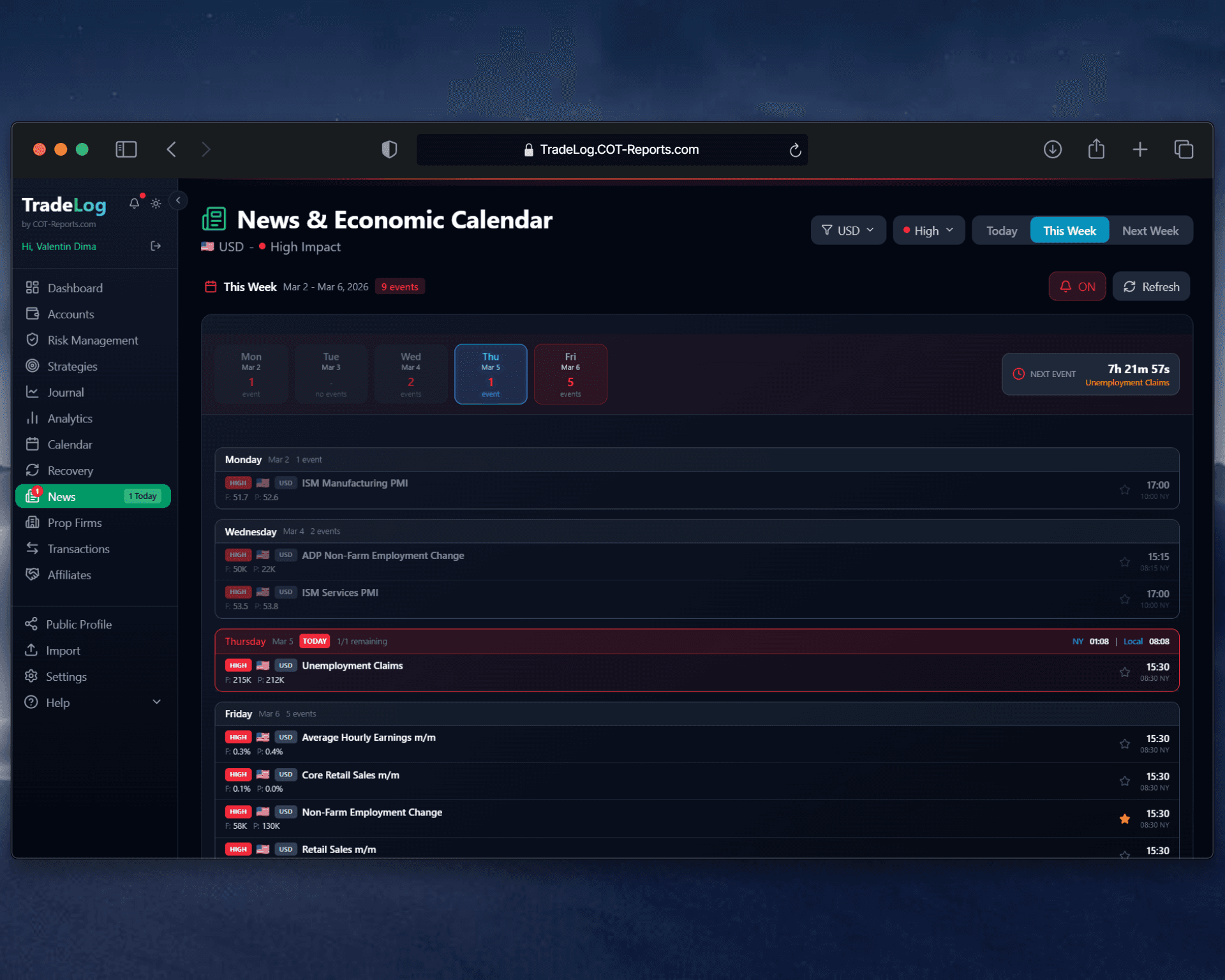Economic news calendar screen