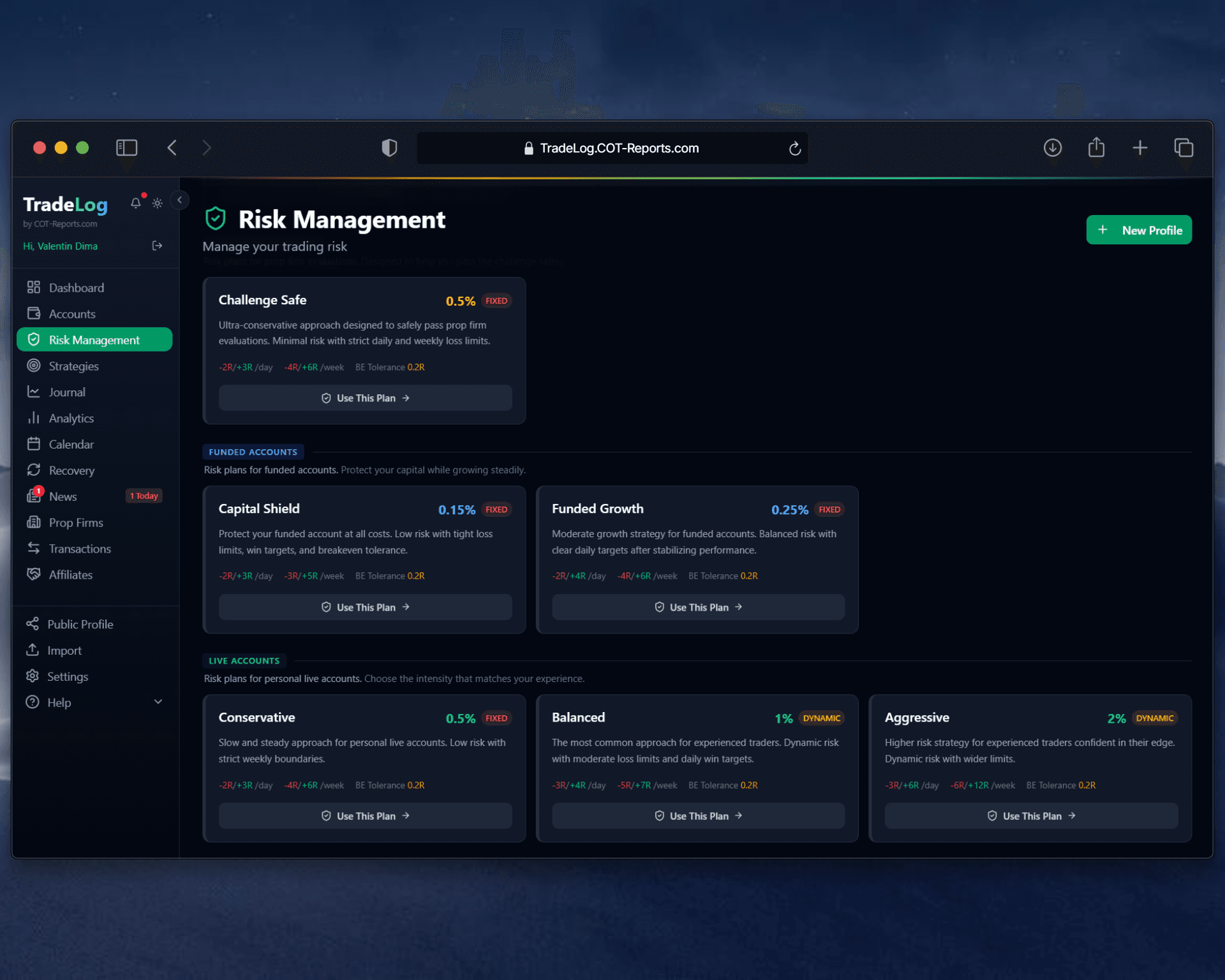 Risk management screen